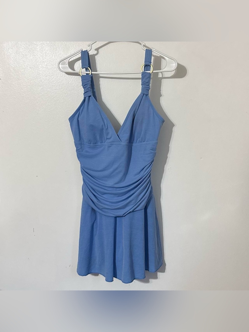 Catalina Blue Ruched One Piece Swimdress Swimsuit L 12/14 Silver Rings